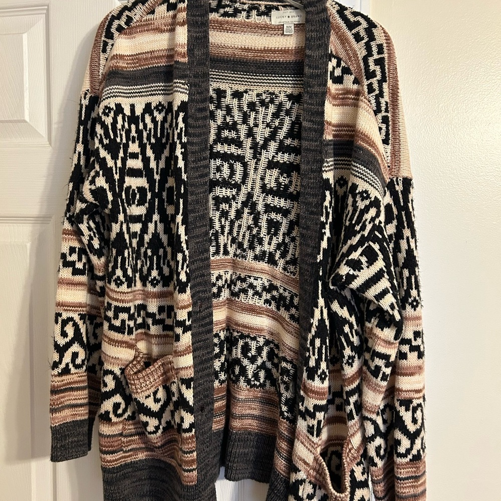 Lucky Brand Black and Cream Cardigan Sweater with Geometric Pattern